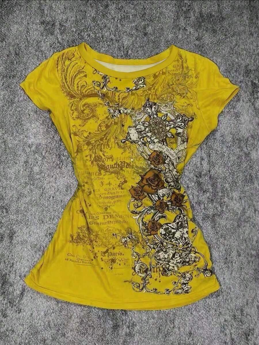 Camiseta casual versátil de mujer con cuello redondo y manga corta plisada - Amarillo - Ver 1
