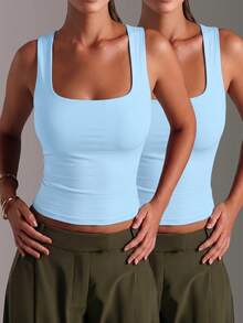 2pcs/Beach  Vacation   Women's Solid Color Square-Neck Ruffle Vest Top, Slim-Fit Sleeveless Camisole, Sweet And Casual Daily Wear - 藍色+藍色 - 查看 1