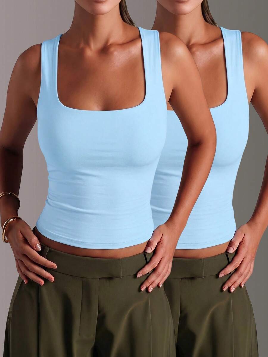 2pcs/Beach Vacation Women's Solid Color Square-Neck Ruffle Vest Top, Slim-Fit Sleeveless Camisole, Sweet And Casual Daily Wear - 藍色+藍色 - 查看 1
