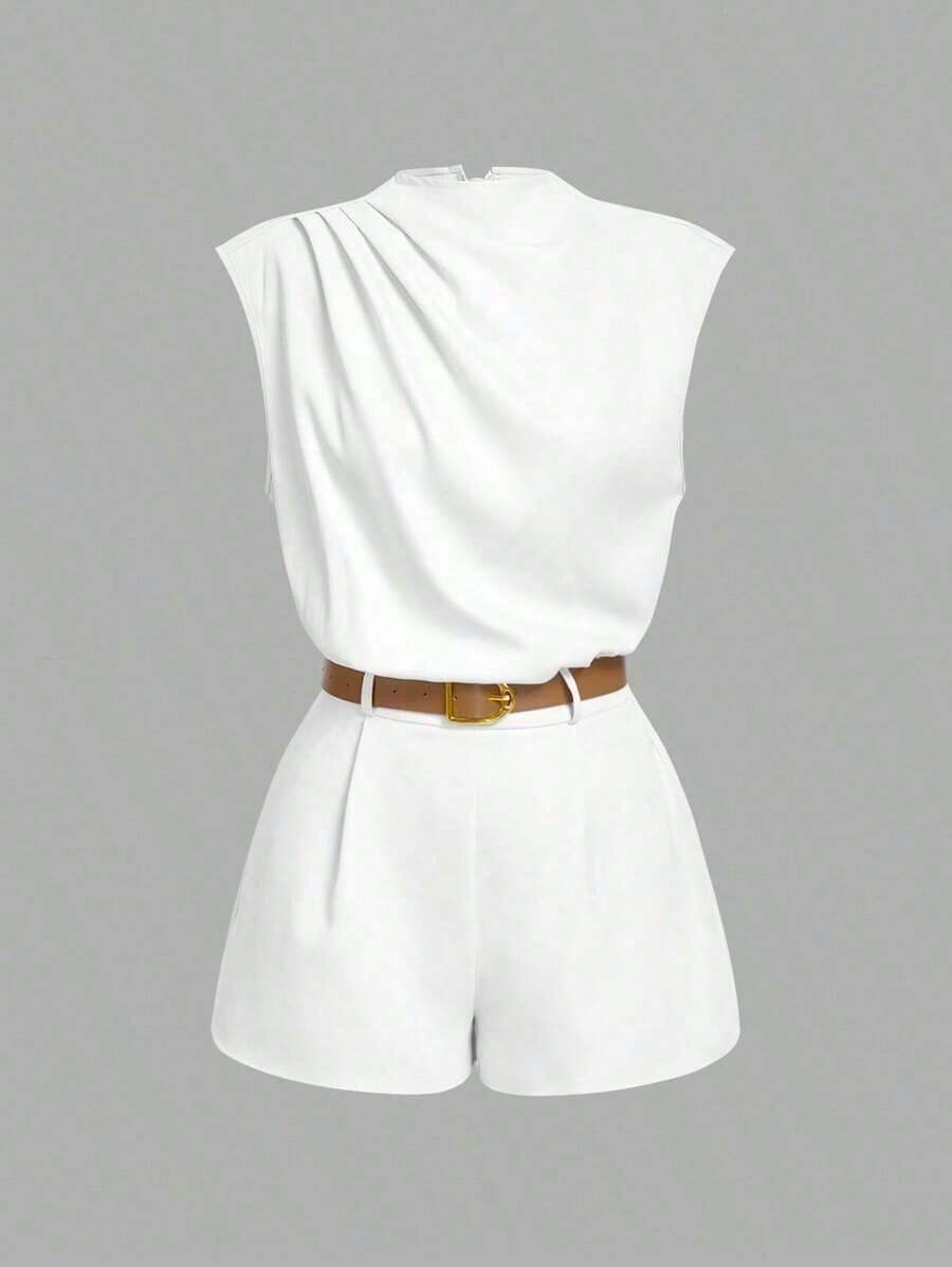 MOD Mono de cuello alto con bolsillo y cinturón de un solo color - Blanco - Ver 1