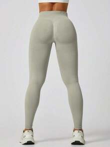 Leggings deportivos negros para mujer, tela sin costuras de canalé, cintura alta, efecto levantador y moldeador, ideal para yoga, gimnasio, correr, tenis, entrenamiento y uso casual al aire libre, primavera y verano - Gris Claro - Ver 5