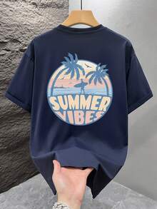 Men's Graphic Print T-Shirt, Beach Summer Wear Loose Fit Short Sleeve Tee - Navy Blue - View 2