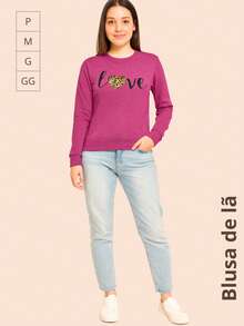 Fleece Blouse With Cuffs And Love Print, Warm Winter - 玫紅色 - 查看 3