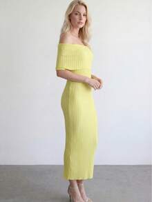 Women's Solid Color Off Shoulder Fitted Ribbed Knit Dress - Yellow - View 4