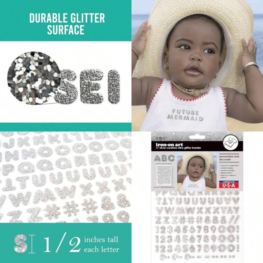 Silver - Sei 1.3cm Iron on Transfer Glitter Letters and Numbers Carefree Font Silver - pago - Ver 1