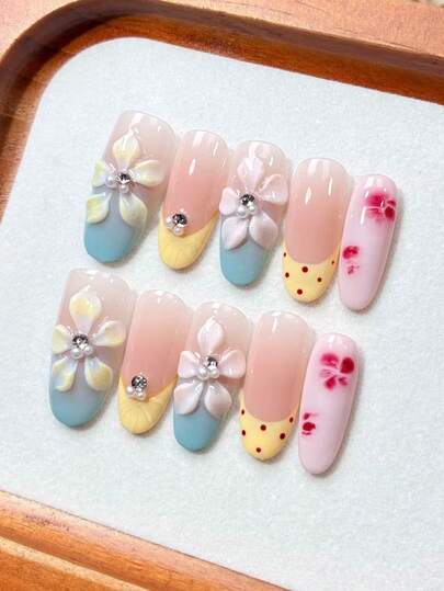 Get The Ultimate Luxury Salon Manicure Experience At Home! 10Pcs Handmade Press On Nails Set, Long Length Long Oval Fake Nails, Sweet Fresh Spring Korean Style False Nails With 3D Frangipani Flower & Red Polka Dot Pattern, Blue Yellow Gradient French Tip Design, Glossy Shiny Finish