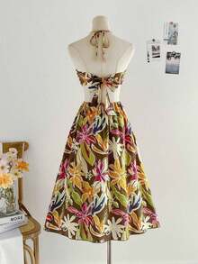 Vestido midi de verano color crudo, con hombros descubiertos y espalda abierta, estilo casual y elegante - Multicolor 2 - Ver 2