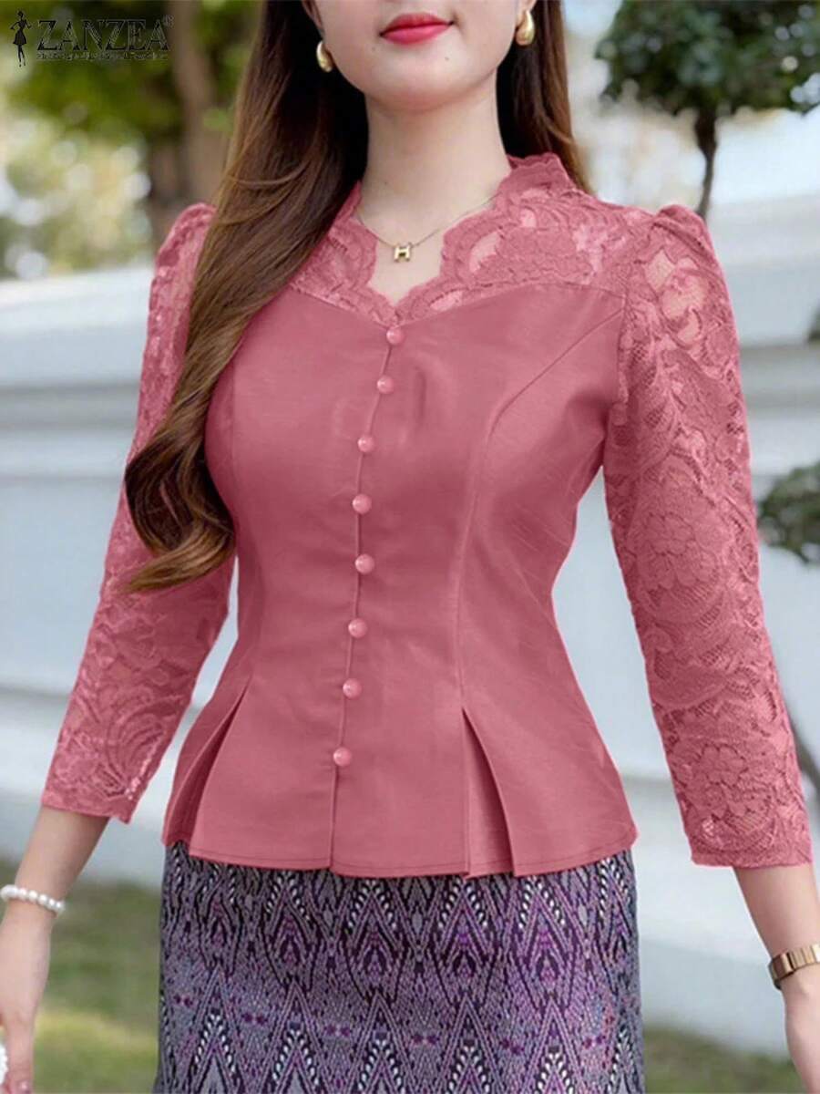 ZANZEA, camisas transparentes elegantes de retazos de encaje para mujer, Blusas ajustadas a la moda con manga 3/4 y cintura cincha, Blusas de verano 2025, ropa de calle - Rosa - Ver 1