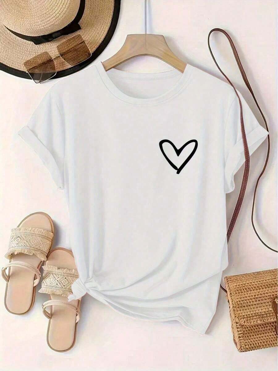 Short-Sleeved T-Shirt With Round Neck And Heart Print, European And American Style, For Women, Sporty, Loose And Comfortable, Vintage Summer Style, Unisex, Cotton, Short Sleeve And Round Neck. - trắng - Xem 1
