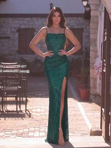 Faeriesty Ruched Front Slit Sequin Slip Dress Elegant Wedding Party - Dark Green - View 3