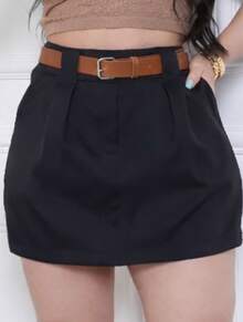 Elegant Women's Plus Size Tailored Short Skirt With Leather Belt, High Waist And Pockets - màu đen - Xem 2