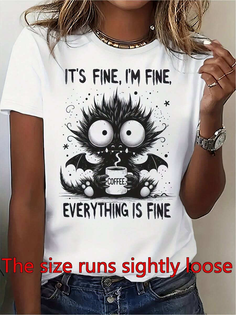 Women's Funny Sarcastic "Okay I'm OK" Meme T-Shirt With Bat-Wing Dragon Print And Coffee Cup Design - Casual Crew Neck Short Sleeve T-Shirt Suitable For Spring Summer Autumn, Everyday White For Office, Dressing Room - 白色 - 查看 1