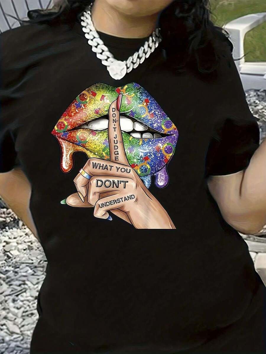 Women's Fashion Short Sleeve Graphic T-Shirt - Rainbow Bright Lips And Fingerprints With "Don't Judge What You Don't Understand" Statement - Casual Loose Fit Crew Neck Top, Soft Breathable Fabric For Everyday Wear, Spring And Summer Fashion - 黑色 - 查看 1
