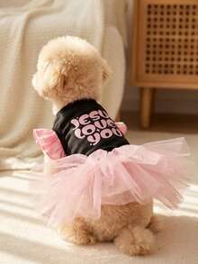 LUCKIE PAL 1pc Pink Letter Slogan Print Ruffle Sleeve Pet Mesh Dress, Cute Stylish Ballerina Tulle Dress, Adorable For Cats And Dogs - Multicolor - View 2
