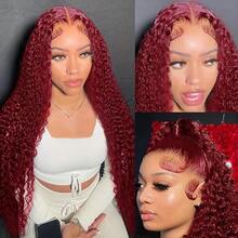 13x4 99J Burgundy Deep Wave Lace Front Wigs Human Hair 250% Density Transparent Lace Frontal Wigs Curly Wigs For Women Red Deep Wigs Pre Plucked With Baby Hair 99j Lace Front Human Hair Wigs - S99J - 查看 6