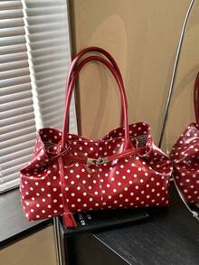 1pc Solid Color PU Fabric Polka Dot Pattern Metal Buckle Decor Large Capacity Women's Tote Bag Suitable For Commuting And Shopping - A - View 9