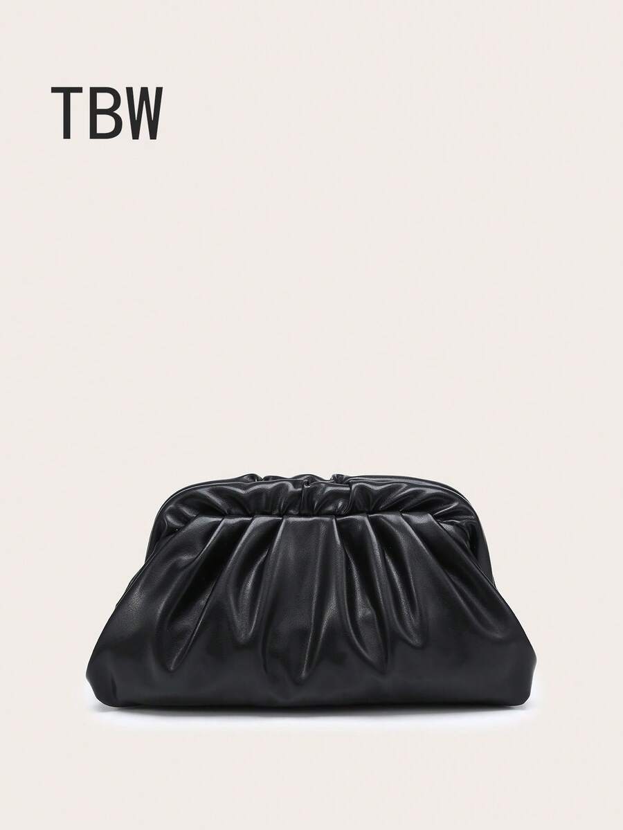 Tas Clutch PU Wanita Berlipit Motif Awan Warna Polos, Gaya Retro, Kapasitas Besar, Modis, Cocok untuk Jalan-jalan dan Pesta - Hitam - View 1