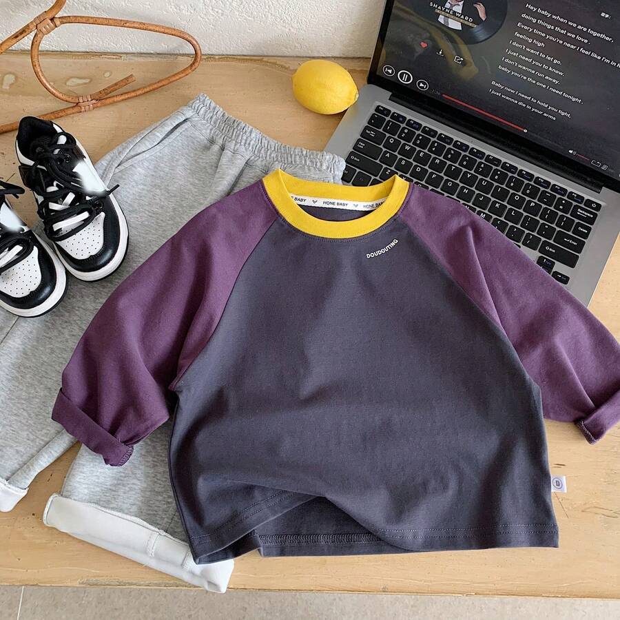 Kaos Lengan Panjang Raglan Anak Laki-Laki Terbaru Musim Semi 2026, Atasan Kaos Kasual Serbaguna dengan Warna Kontras dan Bahan Halus - Lilac Purple - View 1