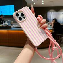 Convenient Lanyard Phone Case With Adjustable Lanyard And Shoulder Strap, Vibrant Pink Vertical Striped, Lightweight Shockproof TPU Protective Case For Apple Phones - Multicolor - View 5