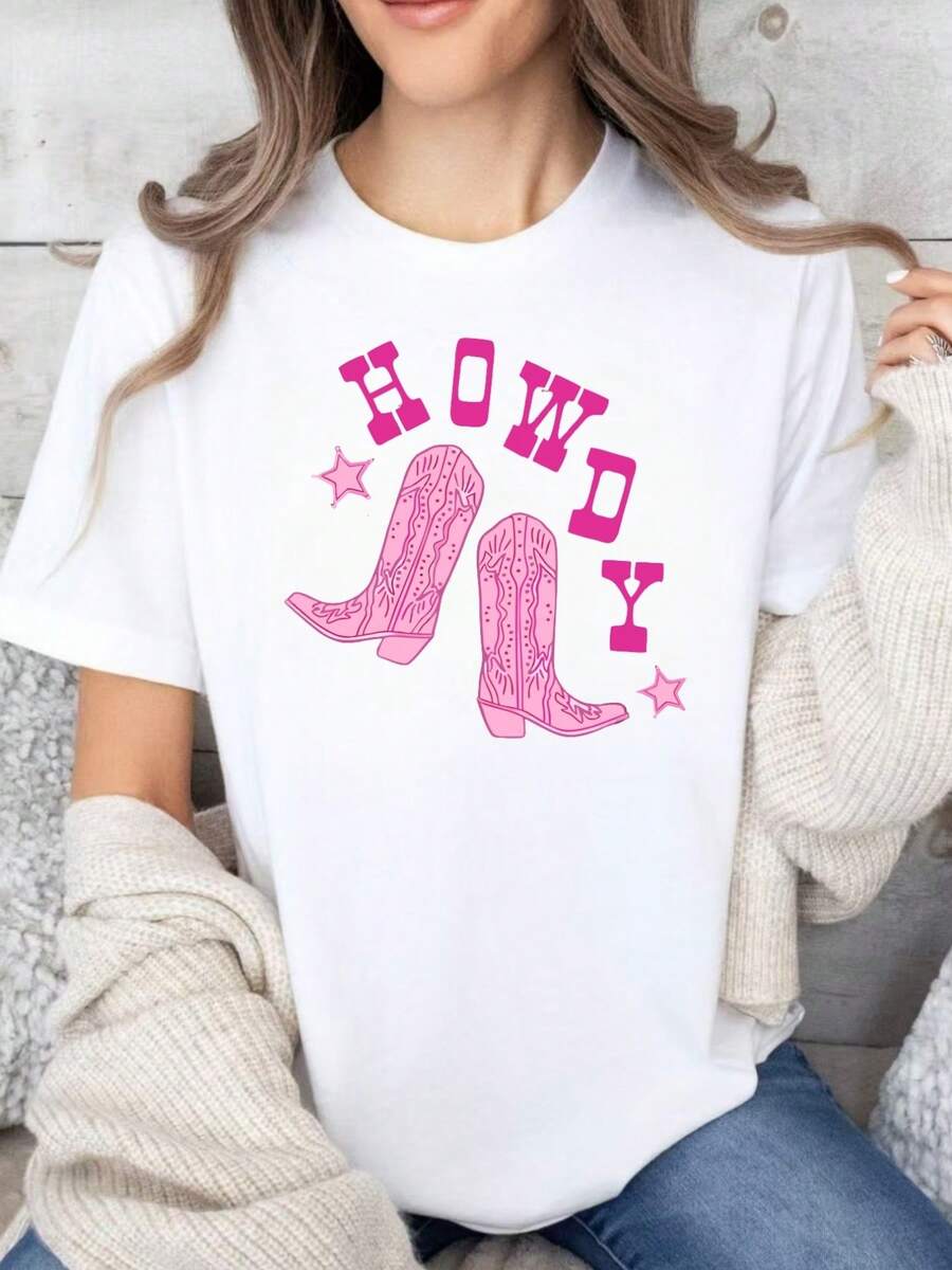 Mujeres Y2K Howdy imprimir estiramiento de manga corta cuello redondo superior - camisa casual de vaquero de ajuste delgado adecuado para - desgaste y eventos temáticos (lavable en máquina)