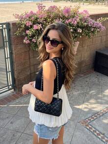 Women's V-Neck Color Block Pleated Casual Versatile Daily Wear Top Black Summer - Black - View 6