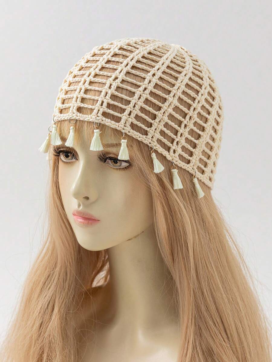 1 chiếc mũ len dệt tay nhẹ, khoét lỗ, có tua rua, thời trang xuân/thu dành cho nữ, phù hợp với phong cách boho hàng ngày. - A - Xem 1