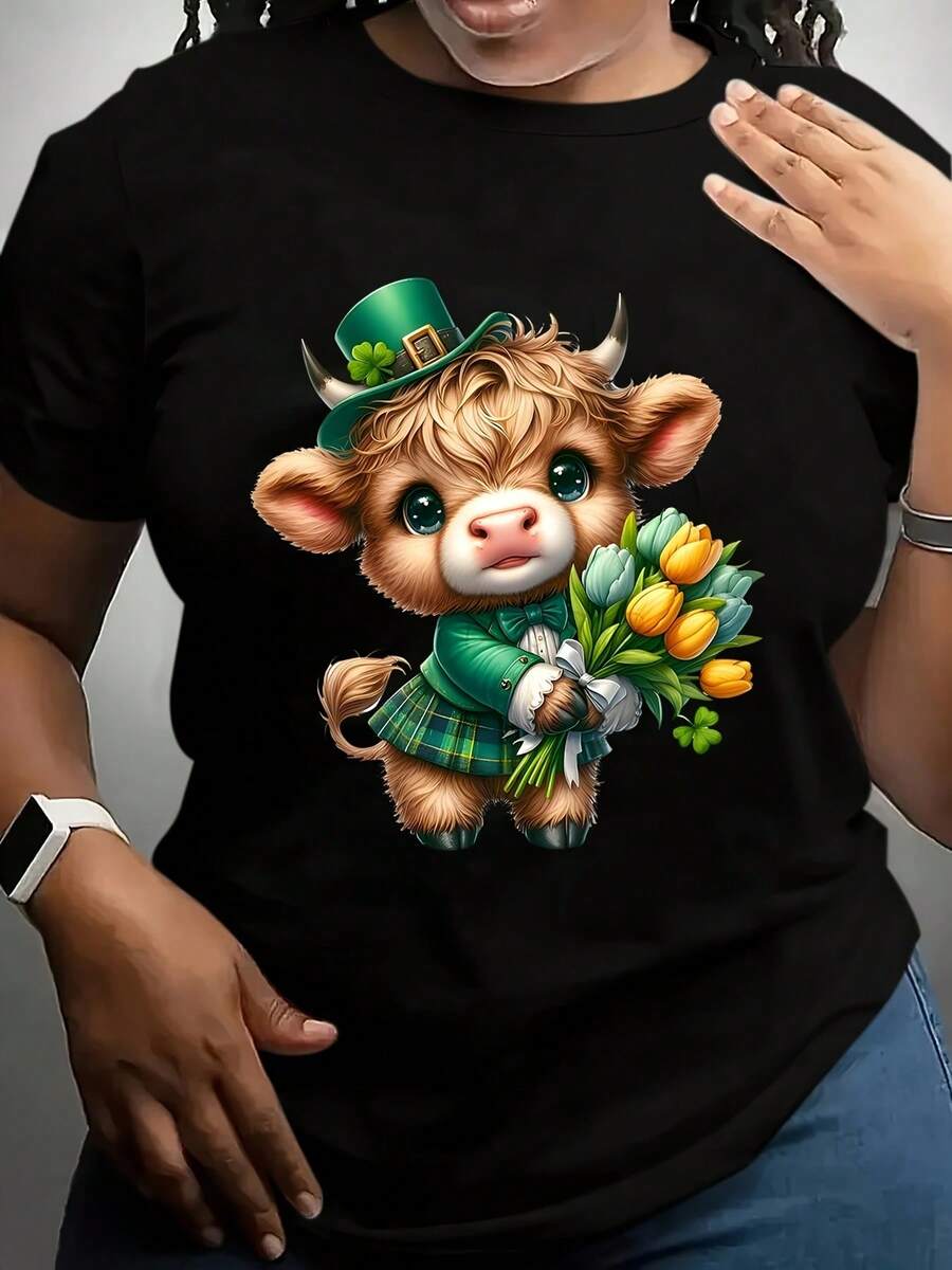 Plus Size - Plus Size - Plus Size St. Patrick's Day T-Shirt | Cute Leprechaun Cow With Gold Pot And Shamrocks Print, Unisex Casual Short Sleeve Crew Neck Tee, Irish Party Outfit, Spring Summer Fit, Green And Gold - 黑色 - 查看 1