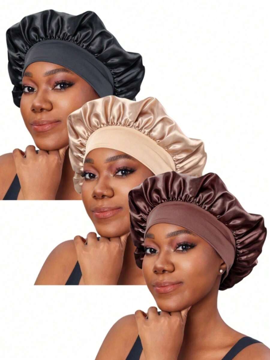 3/8/1pc Women Silk Satin Wide Brim Hair Caps, Everyday Wear Hair Sleep Cap Sleep Bonnet