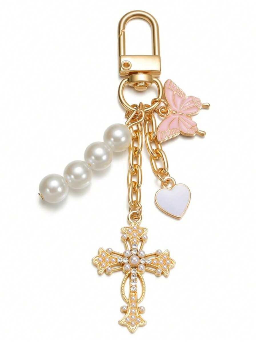 1pc Cross, Heart, Butterfly Decorated Keychains, Keyrings, Bag Charms, Car Key Rings, Accessories For Women - Gold - View 1