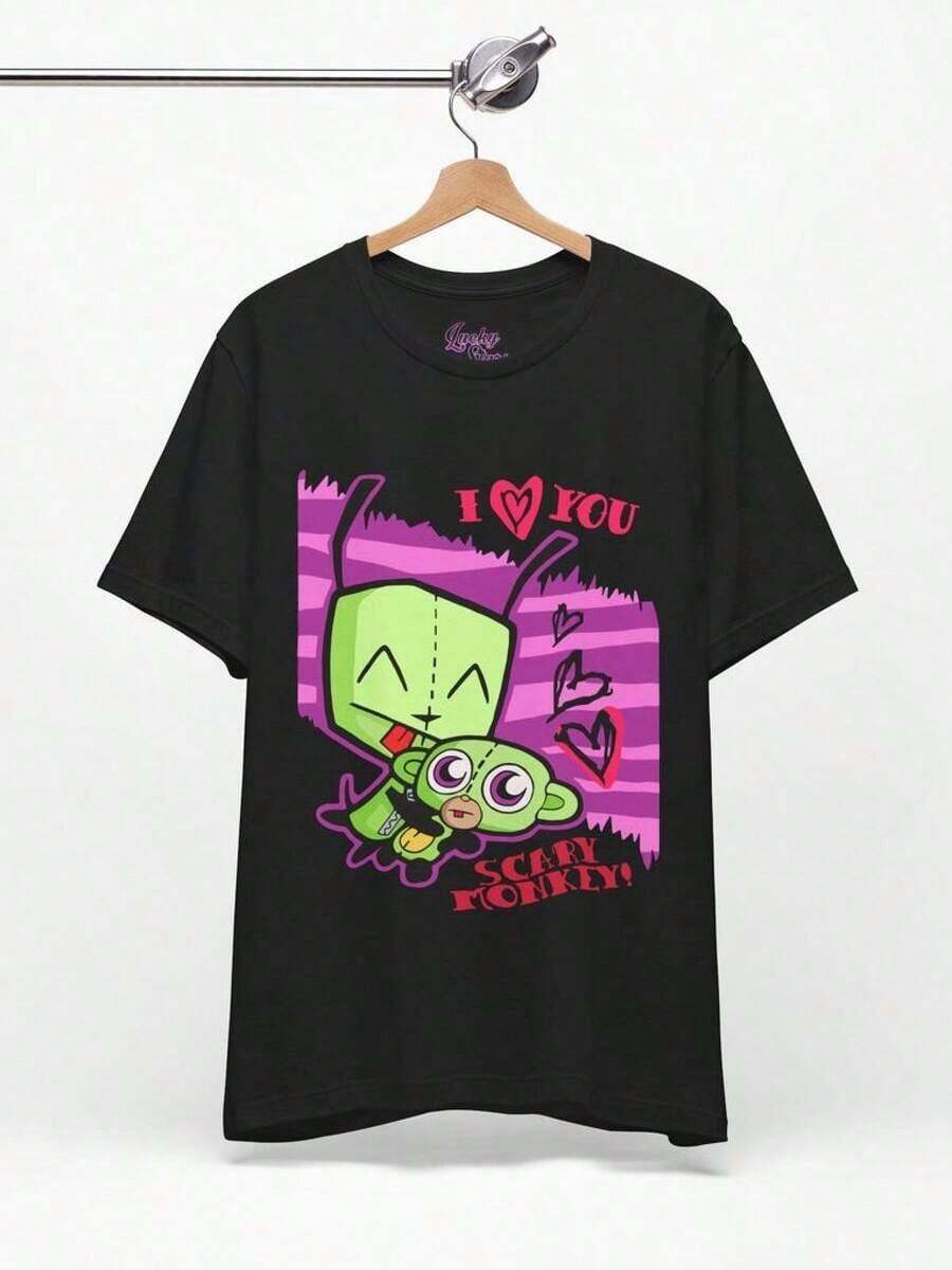 Invader Zims Tee - Unisex Gir I Love You Scary Monkey Shirt - Scene Emo Style Vintage-Shirt - 2000's Hot Topiczims Summer Shirt Washable Casual Everyday Top Leisure Clothing, Urban Style, Easy Care, Breathable Material - màu đen - Xem 1