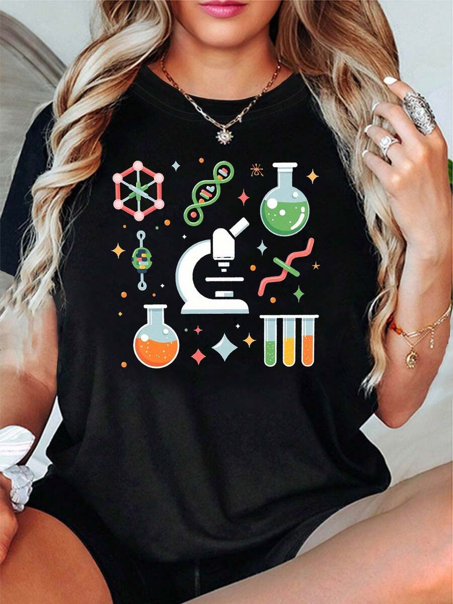 Women's Science Lab T-Shirt With DNA, Test Tube, And Microscope Print - Casual Short Sleeve Top Suitable For Science Fairs, Biology Classes, And Casual Wear - Comfortable Stretch Fabric For Science Enthusiasts And Teachers (Medium Stretch) - màu đen - Xem 1