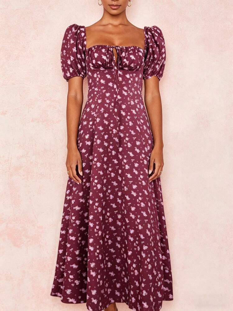 2026 Spring New Women's Clothing: Cross-Border European And American Dress, Elegant Floral Print Long Dress With Slit And Tie - 酒紅色 - 查看 8