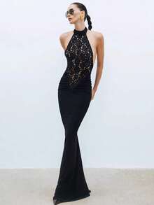 Vestido ajustado con encaje cuello colgante y espalda descubierta - Negro - Ver 2