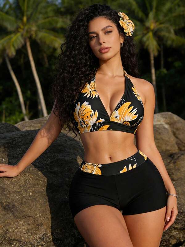 Atutua Set bikini pentru femei, cu imprimeu floral, elegant, fără spate, cu nod și legături, potrivit pentru vacanța la plajă de vară