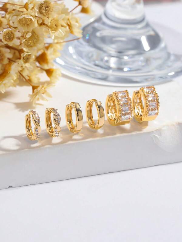 3 Pairs Of French Minimalist Style Gold-Tone Hoop Earrings Set, Suitable For Multiple Ear Piercings - Twisted Rope With Rhinestones/Plain Smooth Hoops/Stepped Cubic Zirconia Design, Elegant Luxury Versatile Earrings For Work And Date