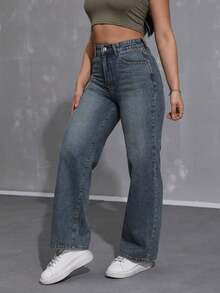 Pantalones vaqueros anchos sueltos y versátiles de mujer con diseño de bolsillos - Azul lavado oscuro - Ver 5