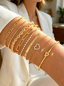 22/9/7 Pcs Fashionable Minimalist Elegant Delicate Vintage Design Geometric Strap, Shell Faux Pearl Beaded Splice Design, Lock Chain, Twist Knot, Round Bead, Braided, Cross Round Slice, Rhinestone, Shiny, Embossed Texture Snake Bone Chain, Box Chain, Metal Minimalist Plain Chain Bracelet Set, Suitable For Holiday, Party, Gift - Yellow Gold - View 7