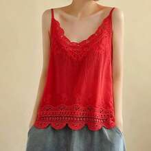 Women's Vintage Casual Loose Solid Color Hollow Embroidered Lace Patchwork Camisole Summer - Red - View 6
