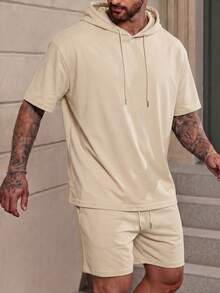 FRACTYR Men's Summer Casual Solid Color Hoodie And Drawstring Waist Shorts Set - Apricot - View 2