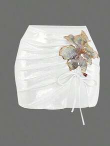 Swim Oasis Set de 3 piezas Nuevo traje de baño de triángulo con sujetador push-up, bordado floral y tela brillante de lentejuelas para mujer - Blanco - Ver 3