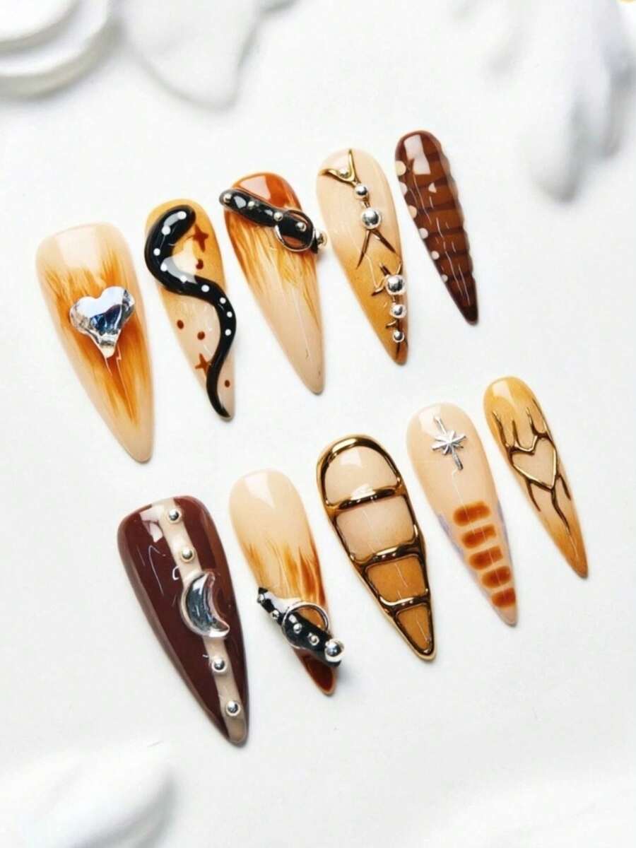 10pcs Stiletto Long Handmade Luxury Y2K Western Press On Nails, Nude Brown Gradient Color, 3D Heart Snake Star Moon Metal Detail With French Tip Design, Suitable For Summer Party Wedding Daily Wear, For Women And Girls - Màu nâu  Mocha - Xem 1