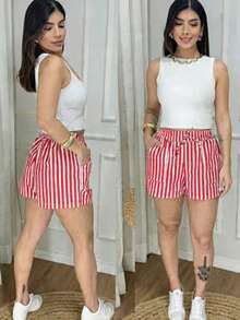Striped Linen Shorts With Lined Pockets, Home, Beach, Night, Daily, Summer - Rojo - Ver 6
