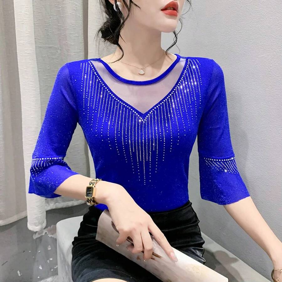 Camiseta de Verano 2026 para Mujer, Nueva Moda Coreana, con Malla de Diamantes, Cuello en V, Manga Corta, con Parches de Encaje - 3 Azul - Ver 1