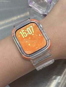 1条荧光色一体式透明冰川表带 + 防震保护壳，兼容表带46mm 42mm 44mm 45mm 38mm 40mm 41mm，夏季透气舒适表带，兼容 Series 11 10 9 8 3 4 5 6 SE 7 2 1，时尚防摔保护表带配件 - 無色 - 查看 5