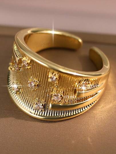1 Stück Vintage Nadelstreifen vergoldeter Einzelring, Luxus mit leichtem kubischen Zirkonia, Paarring geeignet für Frauen, Abschluss, Musikfestivals, Geburtstag, Fest, Jahrestag, Geschenke, Kupferschmuck