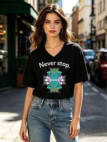 Camiseta de cuello en V para mujer, edición limitada de verano, personaliza tu diseño favorito, sube tu foto, cualquier foto puede ser, bienvenido a pedir en negro - Negro - Ver 2