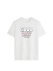 Camiseta de mujer estilo Y2K con hombros caídos, estampado de letras en bloques de color "GOOD DAY", manga corta, estilo retro de los 90, ropa casual holgada, camiseta con gráfico minimalista, ropa estética estilo E-Girl, atuendo moderno estilo Y2K, camisetas casuales de verano para salir, perfecta para uso diario, regreso a clases, citas, viajes diarios, cafetería, viajes, festival de música, rave, fiesta, estilo callejero, club, esencial para el verano de chicas modernas, camiseta casual apta para tallas grandes, ropa de moda para mujer. - Blanco - Ver 2