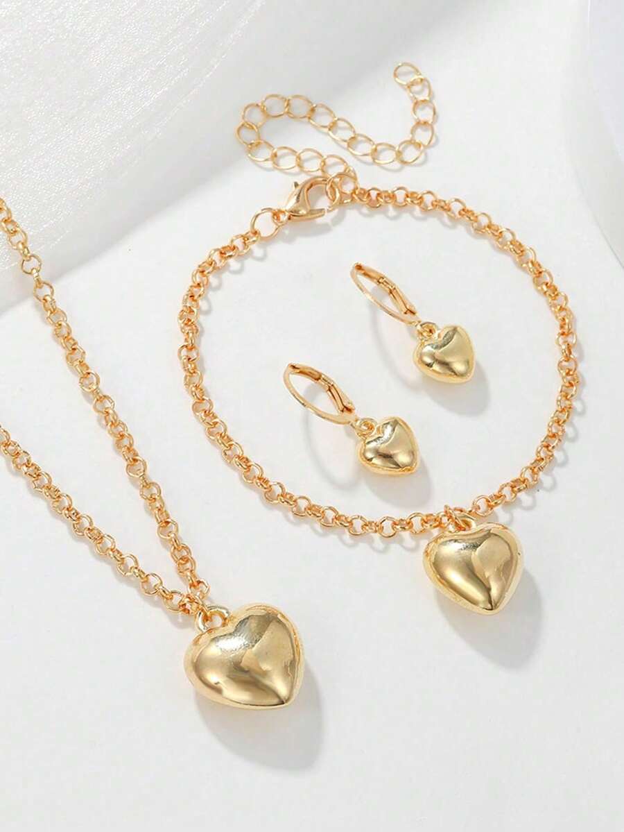 Bộ 4 món mặt dây chuyền hình trái tim, gồm dây chuyền, bông tai và vòng tay, thích hợp cho thanh thiếu niên, đeo hàng ngày, các dịp lễ hội, làm quà tặng cho người lớn, mùa tựu trường. - Nhiều màu - Xem 1