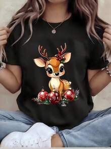 Plus Size, Plus-size T-shirt - Women's Fun Printed T-shirt - Casual Short-sleeved Round-neck Loose-fitting Top, Machine Washable for All-season Comfort, Casual Wear; Loose-fitting Style; Durable Print, Perfect for Holiday Gifts, Local Warehouse - Negro - Ver 2
