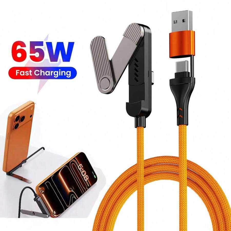 Cable de carga rápida de 65W, soporte plegable 2 en 1 con diseño de doblado a 90°, USB + Tipo C a Tipo C, permite cargar y usar simultáneamente, compatible con iPhone 17 Pro Max/17 Pro/17/Air/16/15, S25/S24/S23/S22/S21/S20, Series - Multicolor - Ver 1